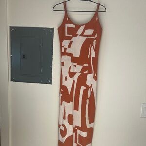 Womens Summer Knit Sleeveless Abstract Jacquard Orange Long Maxi Dress M
